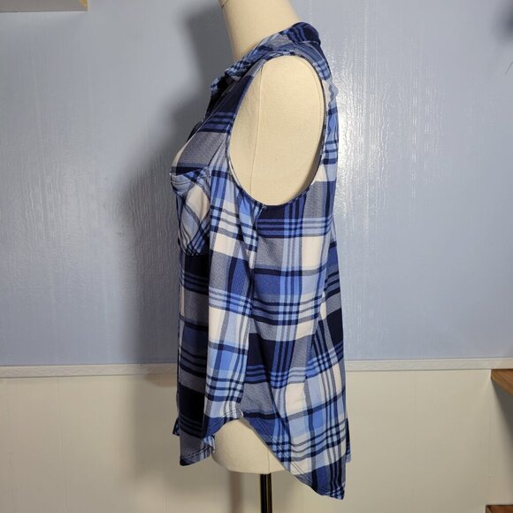 Unbranded Medium Blue White Plaid Collared Sleeveless Button Front Tank Top - Picture 6 of 8
